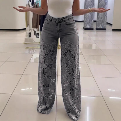High-Waisted Wide-Leg Pants Women's Spring Summer Fashionable Elegant Versatile Hollow Lace Splicing Denim Drape Trousers