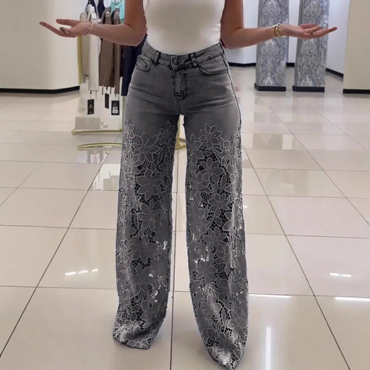 High-Waisted Wide-Leg Pants Women's Spring Summer Fashionable Elegant Versatile Hollow Lace Splicing Denim Drape Trousers