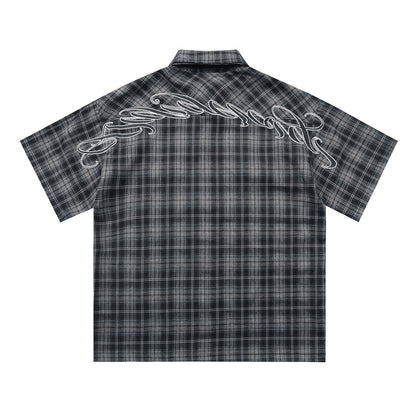 Gothic Letter Embroidery Plaid Short Sleeve Shirt Men's Vintage Street Fashion Workwear Checkered Collar Loose Fit