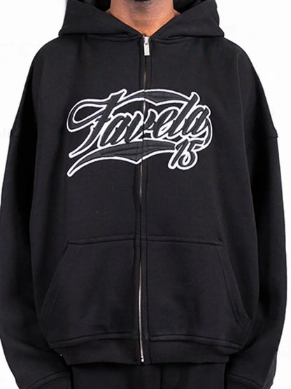 Men's Letter Embroidered Zip Up Long Sleeve Hoodie