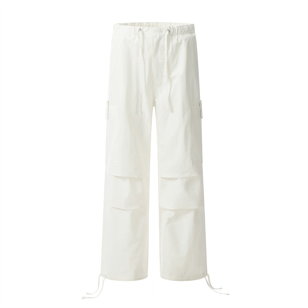 Trendy Solid Color Pleated Paratrooper Casual Straight Leg Long Pants Men's Work Pants American Style Sport Loose Drawstring Cuffed Trousers