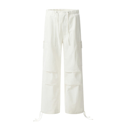 Trendy Solid Color Pleated Paratrooper Casual Straight Leg Long Pants Men's Work Pants American Style Sport Loose Drawstring Cuffed Trousers