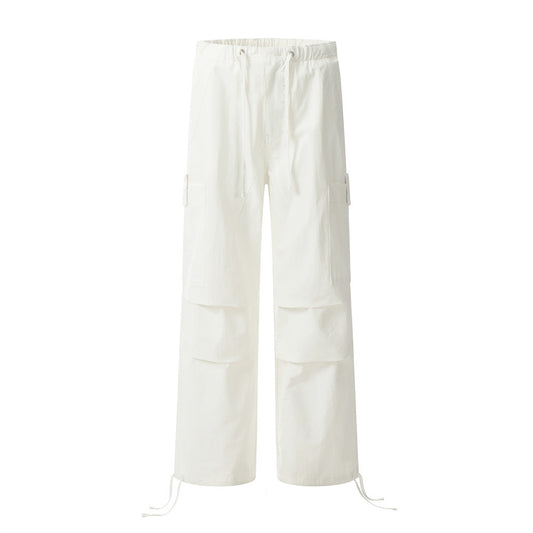 Trendy Solid Color Pleated Paratrooper Casual Straight Leg Long Pants Men's Work Pants American Style Sport Loose Drawstring Cuffed Trousers
