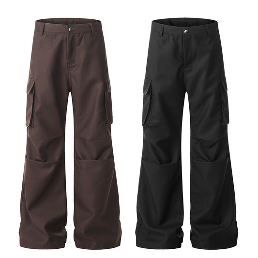 Loose Workwear Wide-Leg Flare Trousers Men's Unique Design Pleated Paratrooper Casual Long Pants Vibe Trend Micro Flare Pants