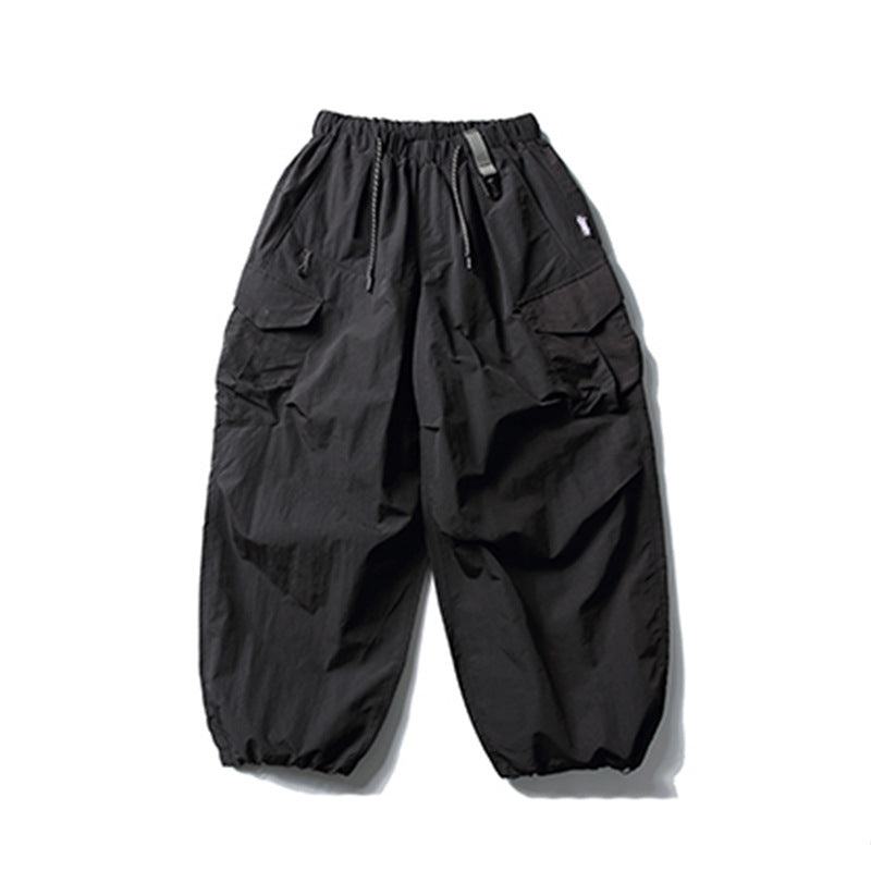 Urban Functional Style Sports Cargo Casual Trousers Unisex Drawstring Cuffed Loose Pants Pleated Design Sense