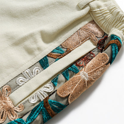 Spliced Lace Embroidered Shorts Men's Loose Casual Straight Leg Five-Quarter Pants Unique Design High Street Trendy