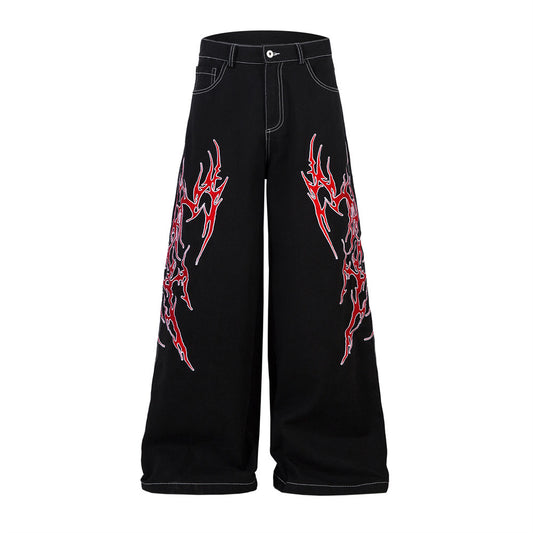 Sense Thorns Embroidery Pattern Wide Leg Denim Trousers Men's Niche Hip Hop Trendy Flared Loose Floor-Length Pants