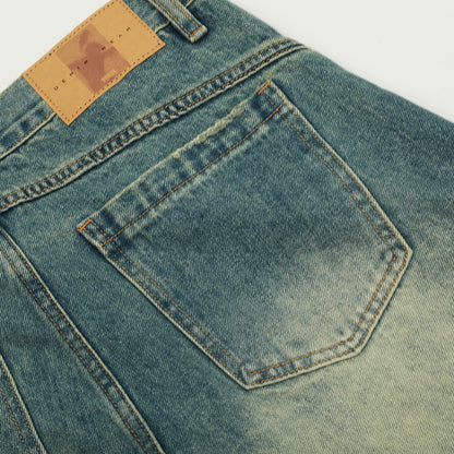 Washed Denim Scissors Pants Men's Long Trousers Punk Deconstructed Patchwork Faded Distressed Loose Wide-Leg Work Pants Street Fashion