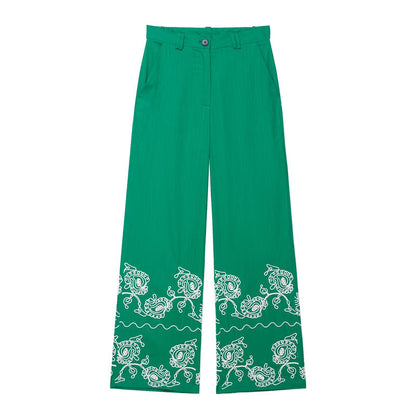Summer New  Style Women's Fashion Casual Short Sleeve Embroidered Top Wide Leg Pants