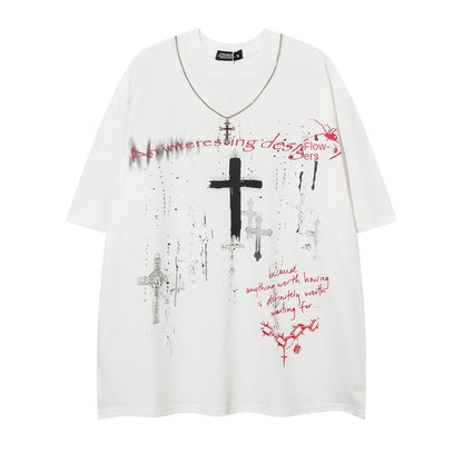 Dark Street Cross Loose Short Sleeve Necklace T-Shirt Men's Summer Metal Chain Decorated Personality Tee Trendy