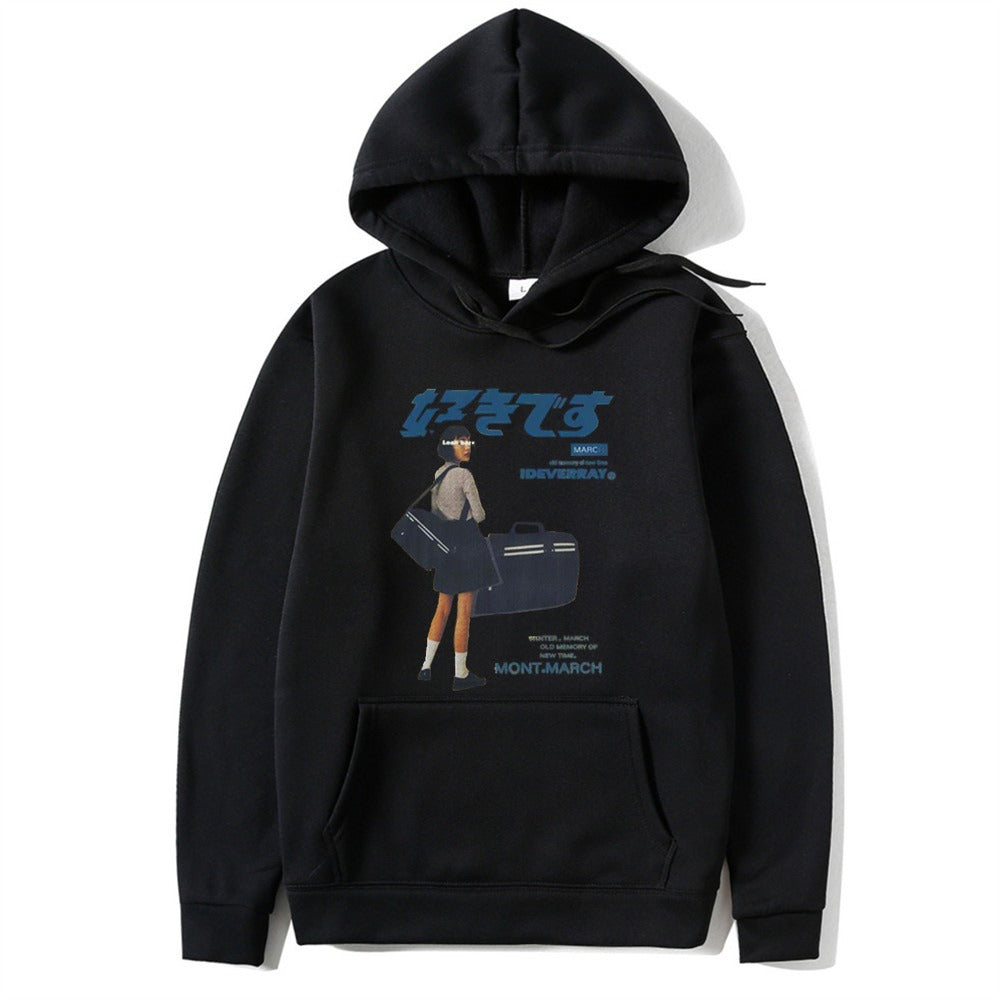 Japanese character printed casual hoodie for men and women, loose couple hooded hoodie