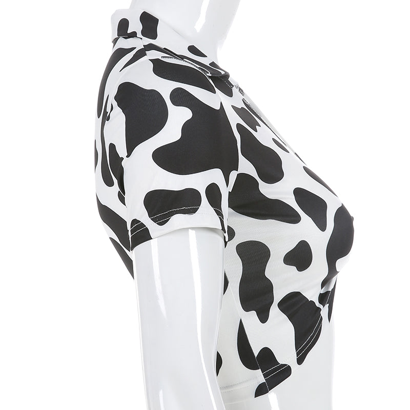 Animal Print Kawaii Cropped Feminino Tshirt Women Korean Style V Neck Cow T Shirts