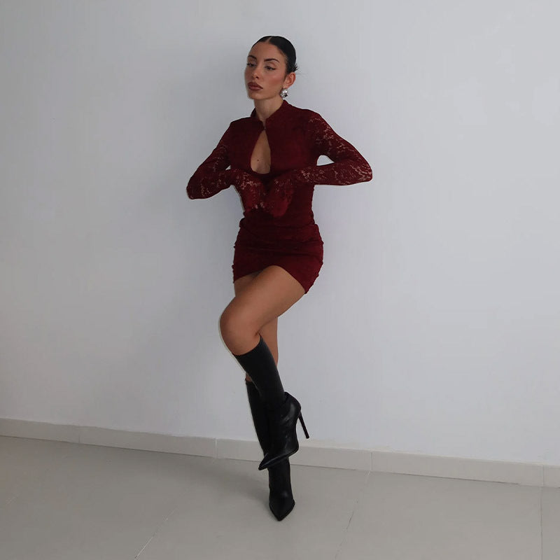 Lace hollow horn long sleeved slim fit dress with wrapped buttocks