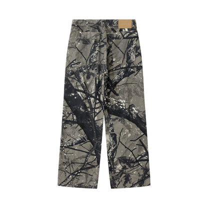 Digital Print Tree Camouflage Straight Leg Long Pants Men's Work Pants Hip Hop Trendy Sports Loose Outdoor Camouflage Trousers