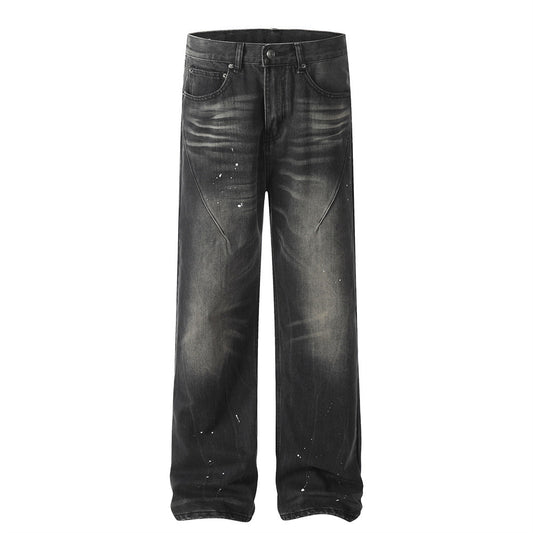 Vintage Washed Distressed Loose Fit Denim Trousers with Ripple Splash Ink Design Wide Leg Straight Pants for Men