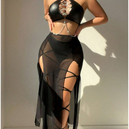 Sexy Cross-Tied Lingerie Set with Hollow-Out Design and Patent Leather Sleepwear