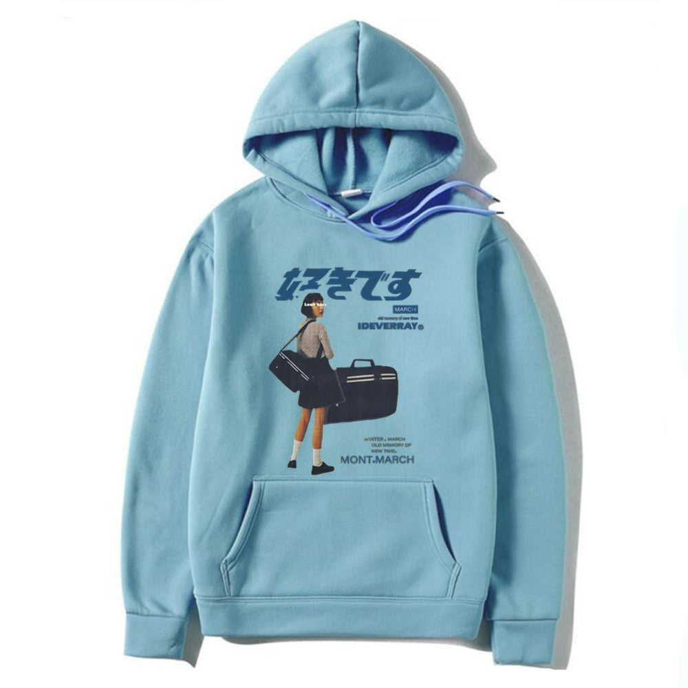 Japanese character printed casual hoodie for men and women, loose couple hooded hoodie