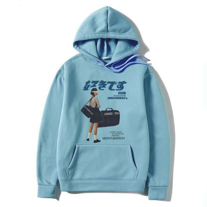 Japanese character printed casual hoodie for men and women, loose couple hooded hoodie