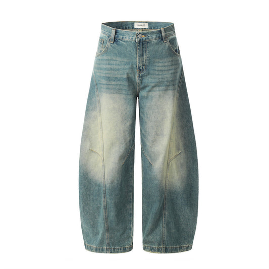 Washed Denim Scissors Pants Men's Long Trousers Punk Deconstructed Patchwork Faded Distressed Loose Wide-Leg Work Pants Street Fashion