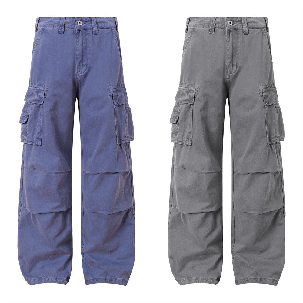 Solid Color Multi-Pocket Workwear Straight Leg Pants Men's Long Trousers Punk Street Style Pleated Design Washed Loose Wide-Leg Pants