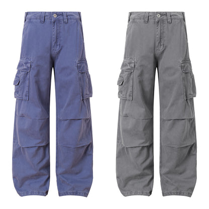 Solid Color Multi-Pocket Workwear Straight Leg Pants Men's Long Trousers Punk Street Style Pleated Design Washed Loose Wide-Leg Pants