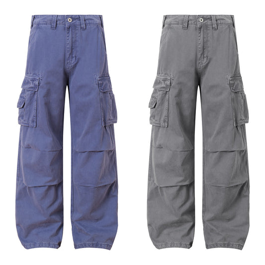 Solid Color Multi-Pocket Workwear Straight Leg Pants Men's Long Trousers Punk Street Style Pleated Design Washed Loose Wide-Leg Pants