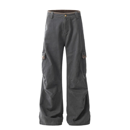 Trendy Workwear Wide-Leg Long Pants Men's Vibe American Retro Pleated Knee Design Solid Color Loose Flared Trousers