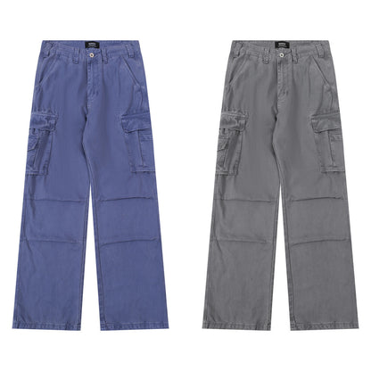 Solid Color Multi-Pocket Workwear Straight Leg Pants Men's Long Trousers Punk Street Style Pleated Design Washed Loose Wide-Leg Pants