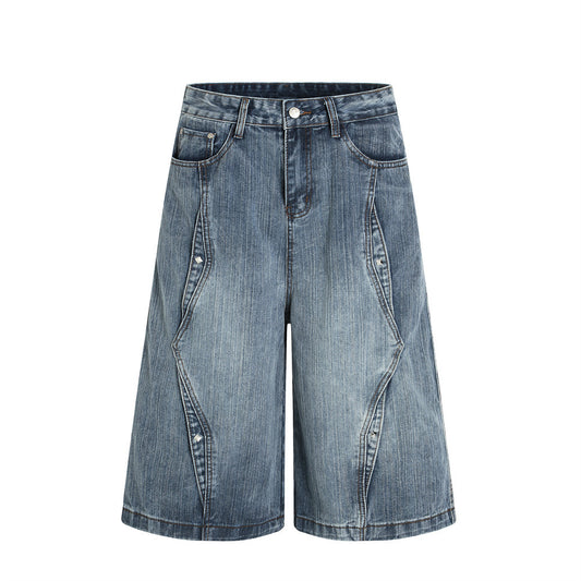 Riveted Deconstructed Denim Short Men's Loose American Street Style Washed Straight Leg Five-Quarter Pants