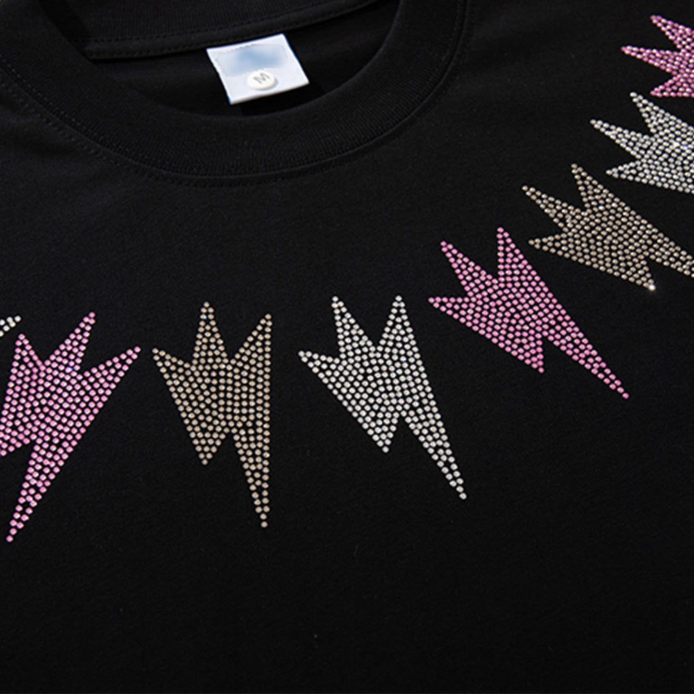 Colorful Rhinestone Lightning Design Round Neck Short Sleeve T-Shirt Pure Cotton Loose Top for Men Summer INS   Trendy