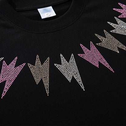 Colorful Rhinestone Lightning Design Round Neck Short Sleeve T-Shirt Pure Cotton Loose Top for Men Summer INS   Trendy