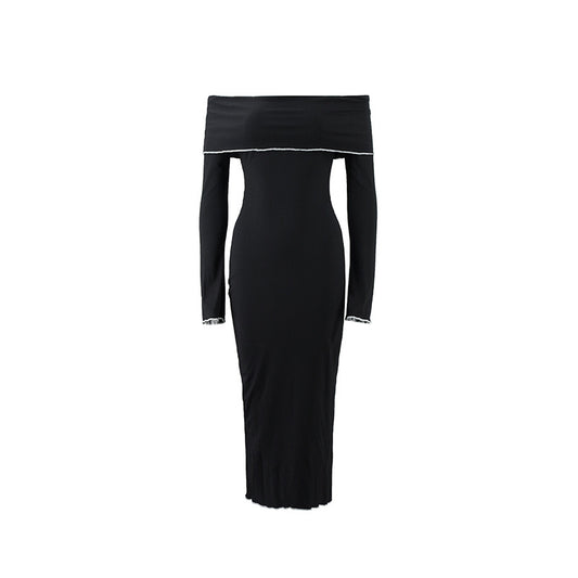 One line shawl long sleeved slim fit black fungus edge temperament dress