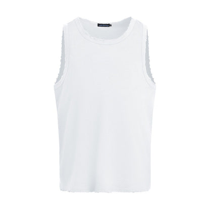 Summer Men's Vest Ripped Loose Casual Sports INS Trend Pure Color Versatile Round Neck Sleeveless T-Shirt American Style