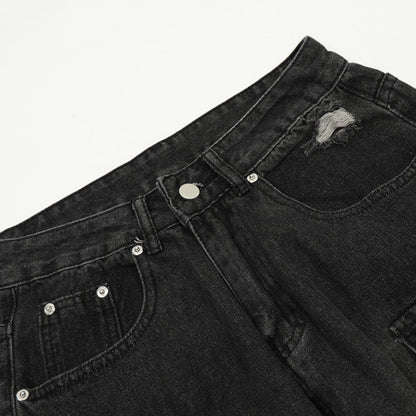 Functional Multi-Pocket Workwear Jeans Men's Trendy Punk Washed Distressed Unique Loose Straight Wide-Leg Long Pants