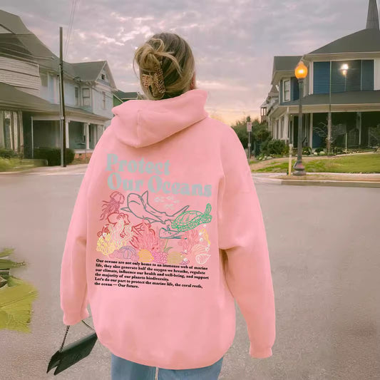 Women's sweatshirt kangaroo pocket drawstring letter print hoodie