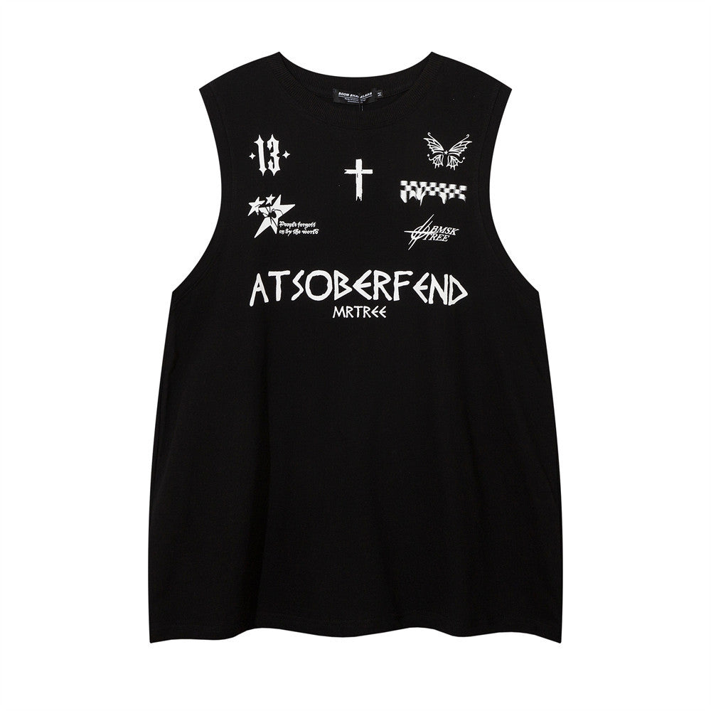 Hip Hop Trendy Letter Cross Print Casual Tank Top Summer Men's INS Sports Loose Sleeveless Vest T-Shirt