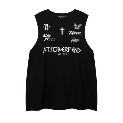 Hip Hop Trendy Letter Cross Print Casual Tank Top Summer Men's INS Sports Loose Sleeveless Vest T-Shirt