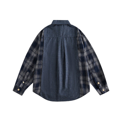 Plaid patchwork denim collar men's and women's shirt