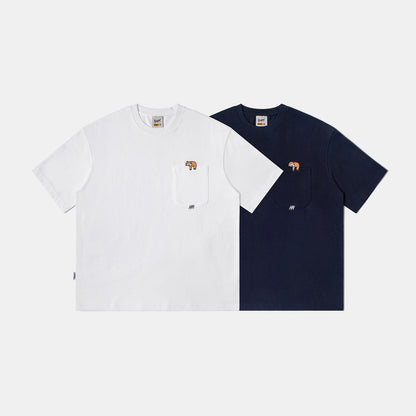 Cartoon embroidered pocket round neck men's loose short sleeved shirt