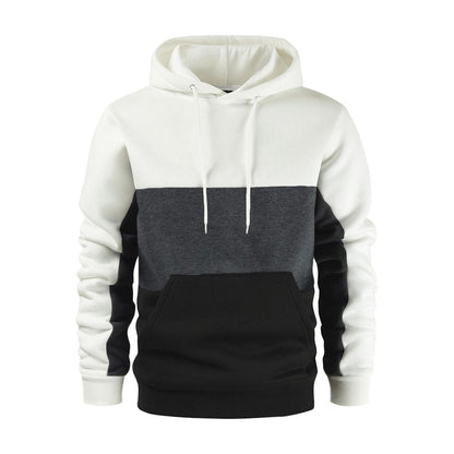 New autumn and winter men's warm plush hoodie, fashionable color blocking casual pullover hoodie, sports hoodie
