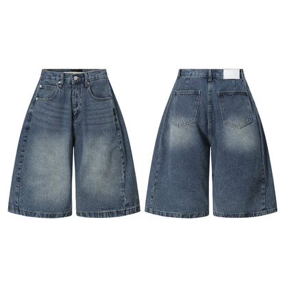 Punk Washed Distressed Denim Shorts Men's Loose Wide-Leg Daily Casual Pants Deconstructed Patchwork Straight Leg Knee-Length Pants