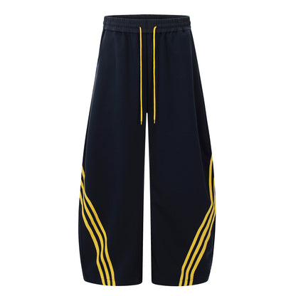 Color Block Three-Stripes Curved Knife Casual Pants Men's INS Trendy Design Sporty Loose Wide-Leg Long Pants