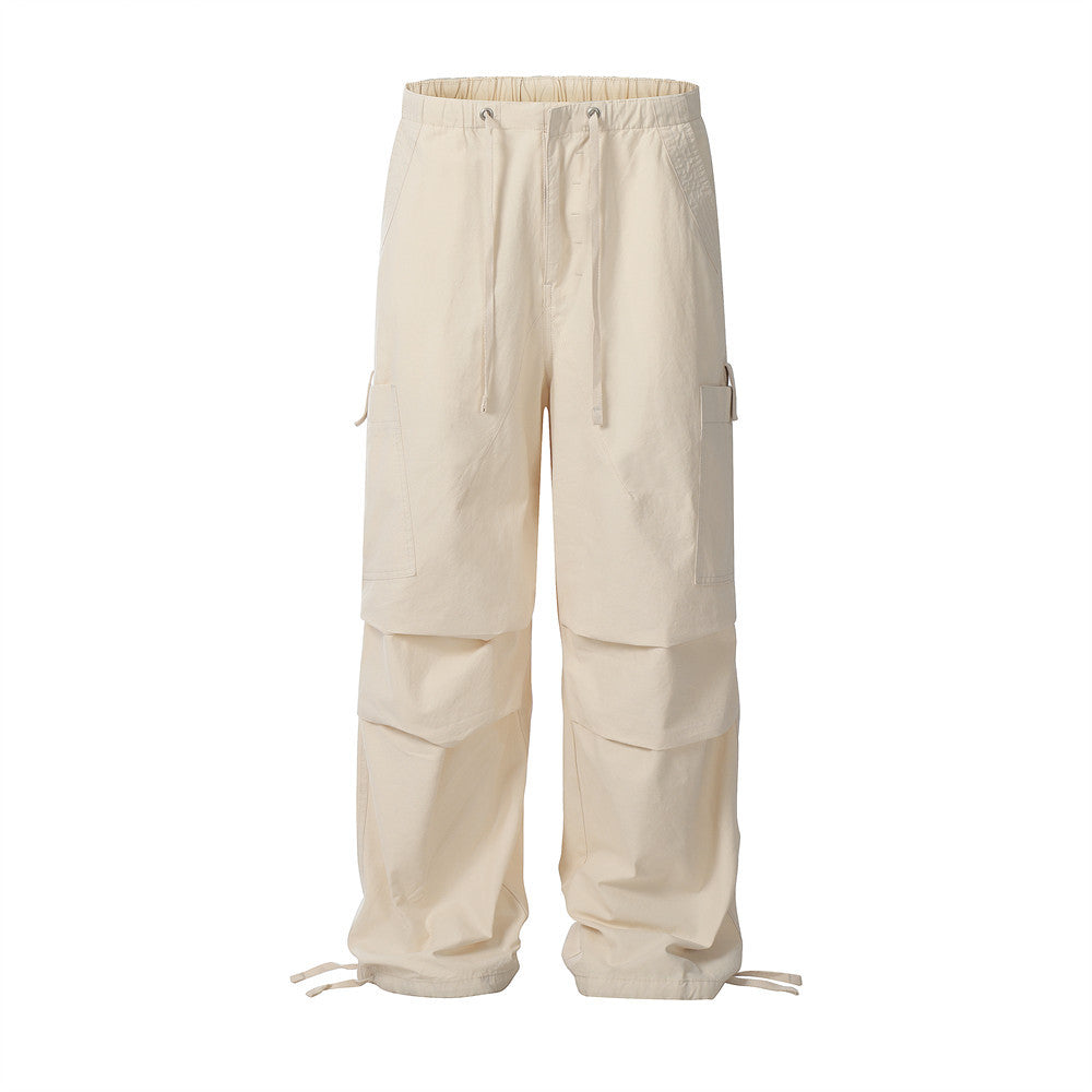 Trendy Solid Color Pleated Paratrooper Casual Straight Leg Long Pants Men's Work Pants American Style Sport Loose Drawstring Cuffed Trousers