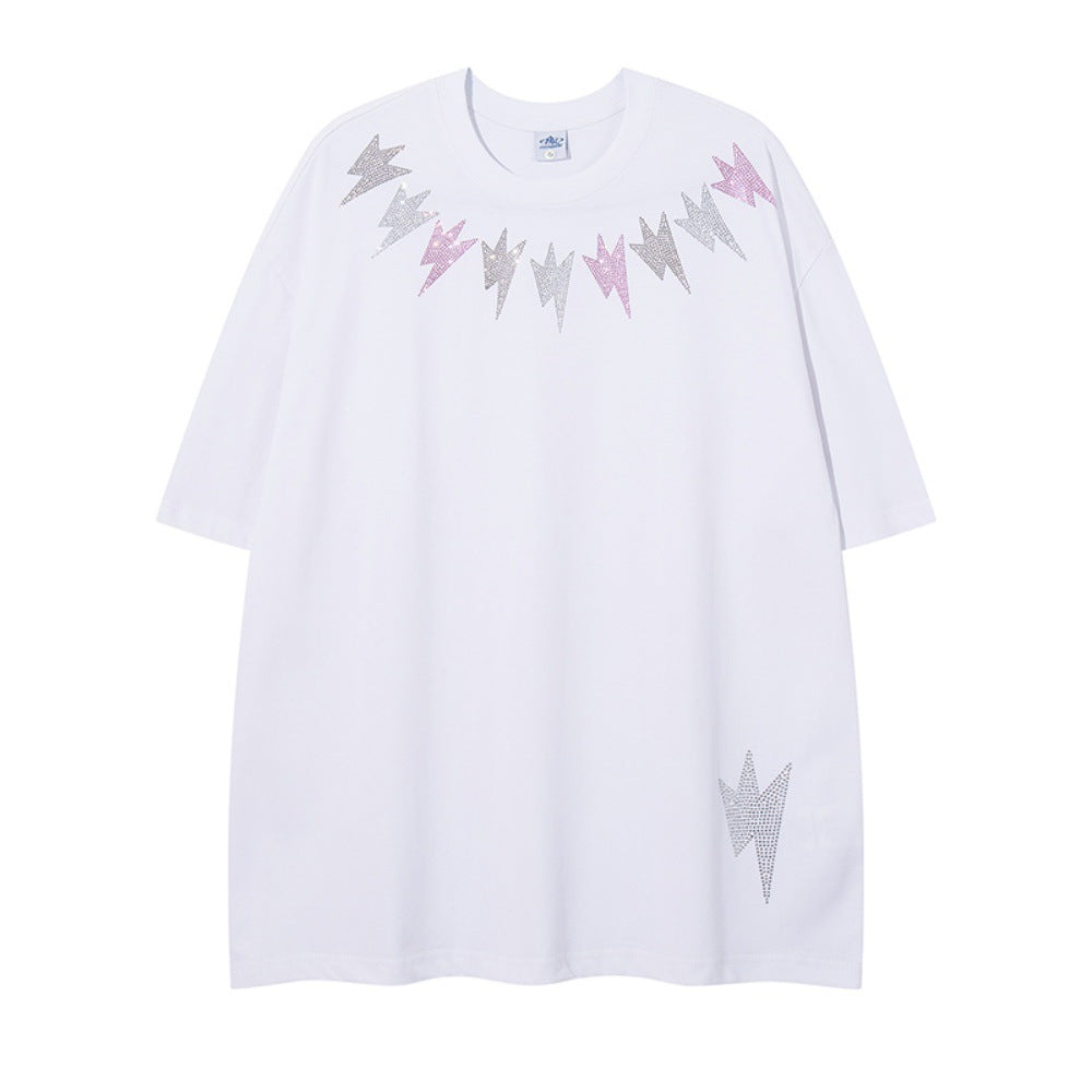 Colorful Rhinestone Lightning Design Round Neck Short Sleeve T-Shirt Pure Cotton Loose Top for Men Summer INS   Trendy
