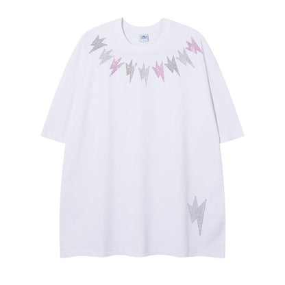 Colorful Rhinestone Lightning Design Round Neck Short Sleeve T-Shirt Pure Cotton Loose Top for Men Summer INS   Trendy