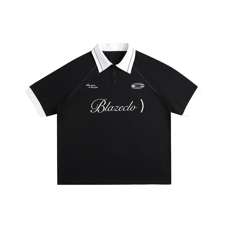 Letter print loose contrasting collar short sleeved polo shirt for men
