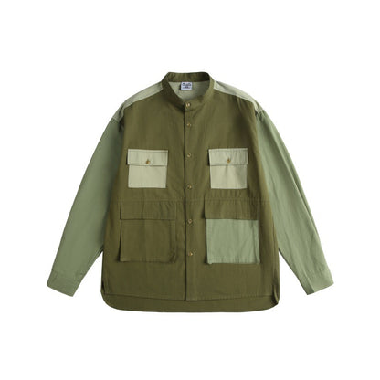 Color blocked pocket shirt men's loose casual shirt