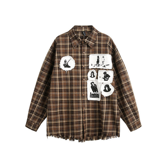 Loose Heavy duty plaid tassel men's and women's long sleeved shirt