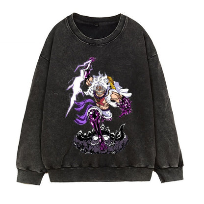 Washed retro distressed hoodie in Japanese Manica form, fifth grade Luffy Gear 5 anime print round neck top