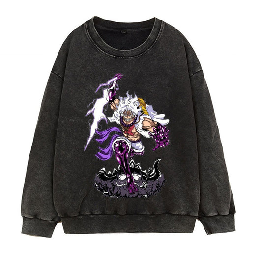 Washed retro distressed hoodie in Japanese Manica form, fifth grade Luffy Gear 5 anime print round neck top